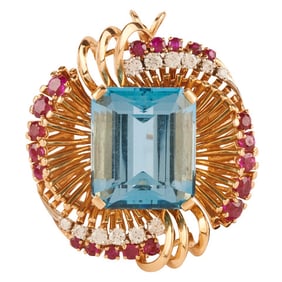 Retro Tiffany & Co. Aquamarine, Diamond, Ruby, 14k Yellow Gold Pendant Brooch.