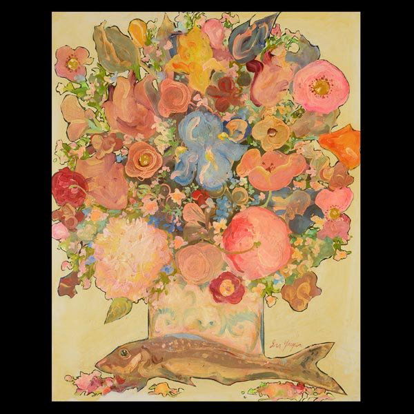 IRA YEAGER "Floral Still Life with Fish" Oil : IRA YEAGER (American b.1938) "Floral Still Life with Fish" Oil on canvas. 29.75 x 24 inches/ 75.5 x 61 centimeters. Signed lower right "Ira Yeager" Frame: 37.5 x 31.5 inches/ 95.2 x 80 centimeters. PR