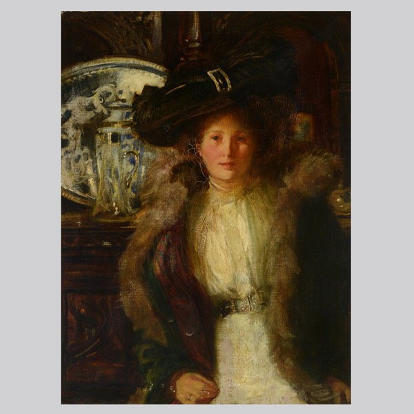Francis O Salisbury "Portrait of a Lady" Oil: FRANCIS OWEN SALISBURY (United Kingdom 1874-1962) "Portrait of a Lady" Oil on canvas. 24 x 18 inches/ 61 x 45.8 centimeters. Verso: Inscribed "Frank O. Salisbury, Elmkirk Harpenden" Numbered "120" in 