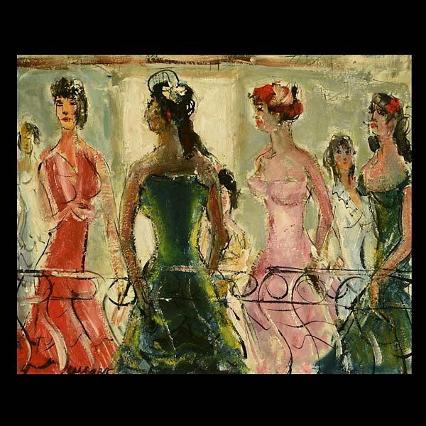 Pascal Cucaro "Ladies on the Balcony" Oil: PASCAL CUCARO (American 1915-2004) "Ladies on a Balcony" Oil on masonite. 16 x 20 inches/ 40.7 x 50.8 centimeters. Signed lower left "Cucaro" Frame: 22.5 x 26.75 inches/ 57.1 x 68 centimeters. PROVENA