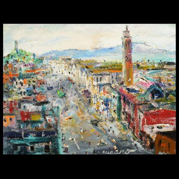 Pascal Cucaro "SF Embarcadero" Oil: PASCAL CUCARO (American 1915-2004) "San Francisco Embarcadero" Oil on Masonite. 18 x 24 inches/ 45.8 x 61 centimeters. Signed lower center "Cucaro" Frame: 26 x 32.25 inches/ 66 x 81.9 centimeters. PRO
