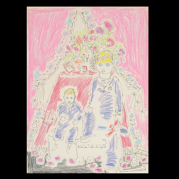 GLORIA VANDERBILT "Carter & Anderson" Crayon : GLORIA VANDERBILT (American b.1924) "Carter & Anderson" Crayon & ink on paper. 21 x 15.5 inches/ 53.3 x 39.3 centimeters. Signed lower right "Gloria Vanderbilt" Verso: Label Frame: 32.5 x 26.75 inches