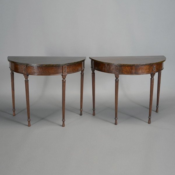 Pair of Sheraton Style Mahogany Console Tables: Pair of Sheraton Style Half Moon Mahogany Console Tables {Dimensions 29 x 35 x 17 inches} {Provenance: Elizabeth F. Crocker Estate}