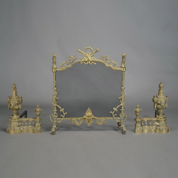 Louis XV Style Gilt Metal Fire Screen and Chenets: Louis XV Style Gilt Metal Fire Screen and Pair Chenets {Screen 34 1/2 x 29 inches}