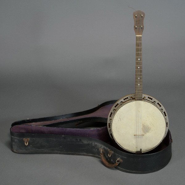 American Tenor Banjo with Birds-eye Maple Back: American Tenor Banjo with Birds-eye Maple Back, Circa 1920, with case and key {Length 31 inches}