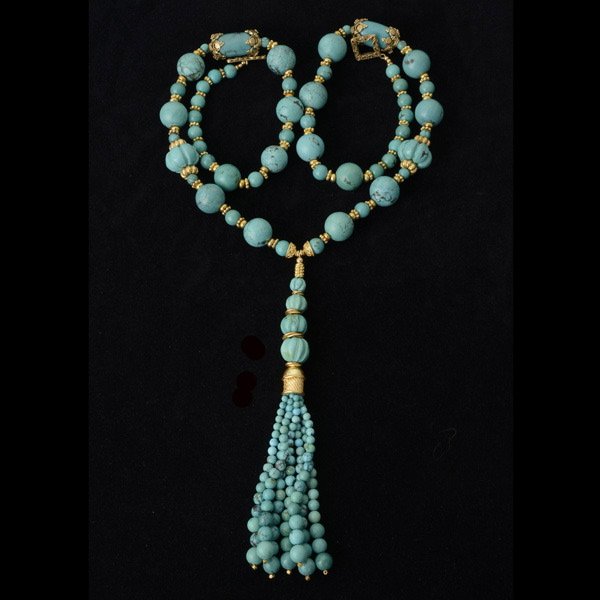 TURQUOISE, SILVER VERMEIL, GOLD-FILLED NECKLACE.: TURQUOISE, SILVER VERMEIL, GOLD-FILLED NECKLACE. The 33 inch necklace features a 6 1/2 inch turquoise, vermeil tassel and is composed of various shapes and size turquoise and vermeil beads.