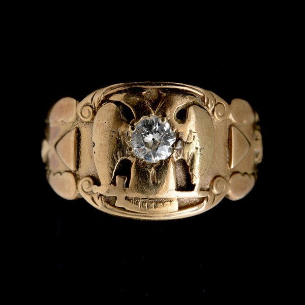 DIAMOND, 14K YELLOW GOLD MASONIC RING.: DIAMOND, 14K YELLOW GOLD MASONIC RING. Featuring one old European-cut diamond weighing approximately 0.30 ct., set in a Masonic 14k yellow gold mounting. Size 10 1/2, 5.9 dwts