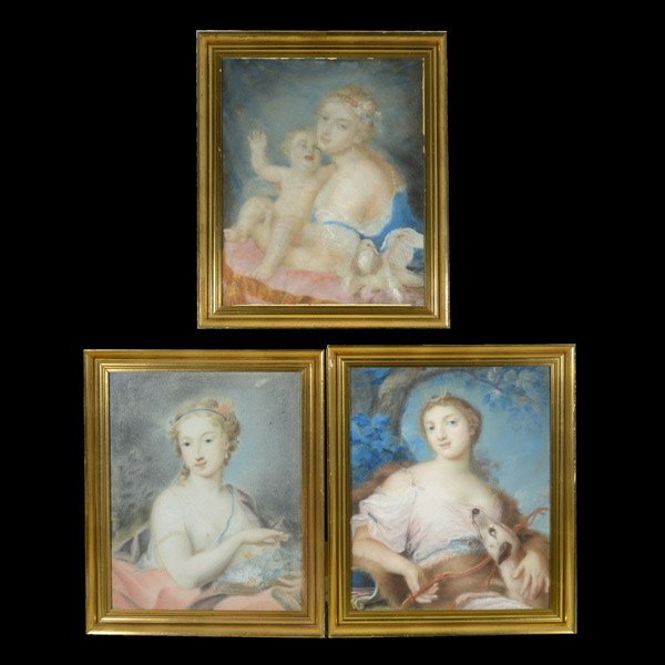 Continental School Three Works Pastel: Continental School (Late 19th/ Early 20th Century) Three works: "Diana the Huntress" "Goddess in Garden Setting" & "Goddess with Putto and White Dove" Pastel on paper mounted to canvas. Each: 26.5 x 2
