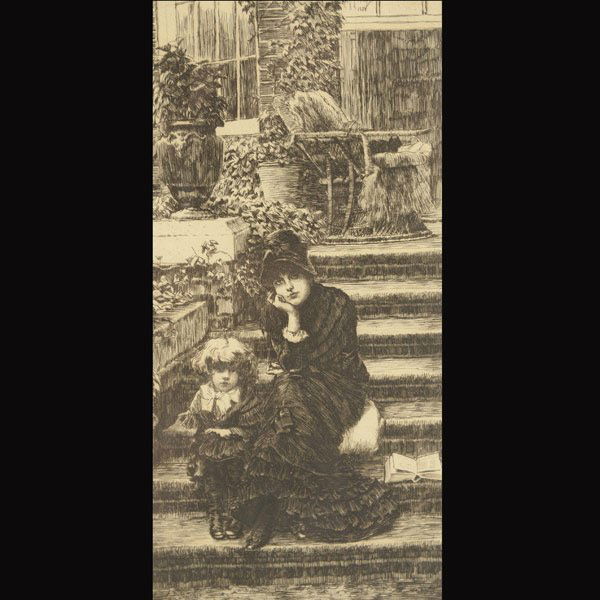 JAMES JACQUES JOSEPH TISSOT "Reverie, 1880": JAMES JACQUES JOSEPH TISSOT (French 1836-1902) "Reverie, 1880" Drypoint etching on paper. Plate: 9 x 4.5 inches/ 22.8 x 11.5 centimeters. Signed & dated in plate "J. J. Tissot, 1880" Frame: 23.25 x 16