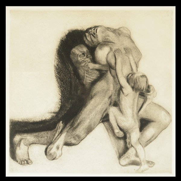 KATHE KOLLWITZ "Tod und Frau" Etching: KATHE KOLLWITZ (German 1867-1945) "Tod und Frau" Drypoint etching on paper. Plate: 17.75 x 17.75 inches/ 45 x 45 centimeters. Sheet: 23.45 x 21.20 inches/ 59.5 x 54 centimeters. Signed in plate lower 