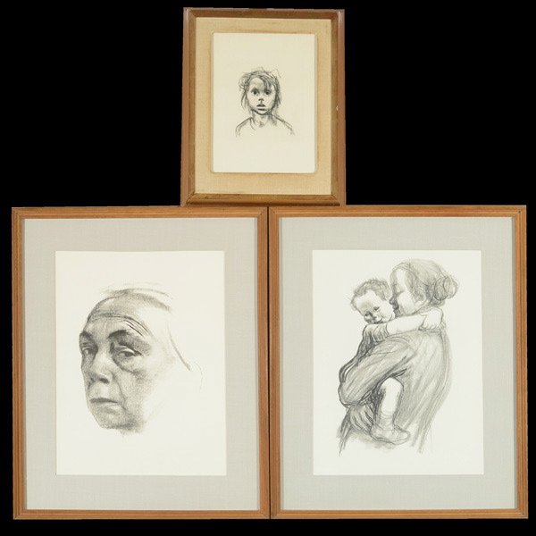 KATHE KOLLWITZ Three Lithographs: KATHE KOLLWITZ (German 1867-1945) Three works: "Kinderkopf (Lotte)"; "Selbstbildnis" & "Mutter mit Jungen" Lithographs on paper. Kinderkopf: 5.3 x 4.1 inches/ 13.5 x 10.3 centimeters. Selbstbildnis: 1