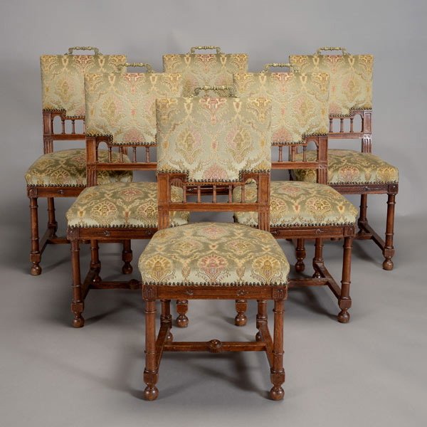 Set of Six Edwardian Oak Dining Chairs: Set of Six Edwardian Oak Dining Chairs in the Gothic Revival Taste Fitted with Brass Handles {Height 36 x 17 1/2 x 18 inches}