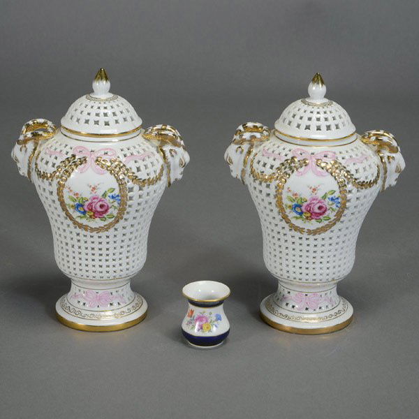 Pair of KPM Urns and a Miniature Meissen Vase: Pair of KPM Urns and a Miniature Meissen Vase {Height of urns 12 1/4 inches}