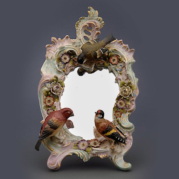 Dresden Bird Encrusted Porcelain Dresser Mirror: Dresden Bird Encrusted Porcelain Dresser Mirror {Height 11 inches} [Repairs and losses]