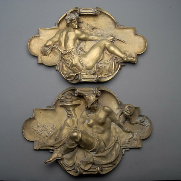 Pair of Aesthetic Movement Architectural Elements: Pair of Aesthetic Movement Gilt Brass Architectural Elements: War and Peace {Height 19 inches; Length 12 inches}