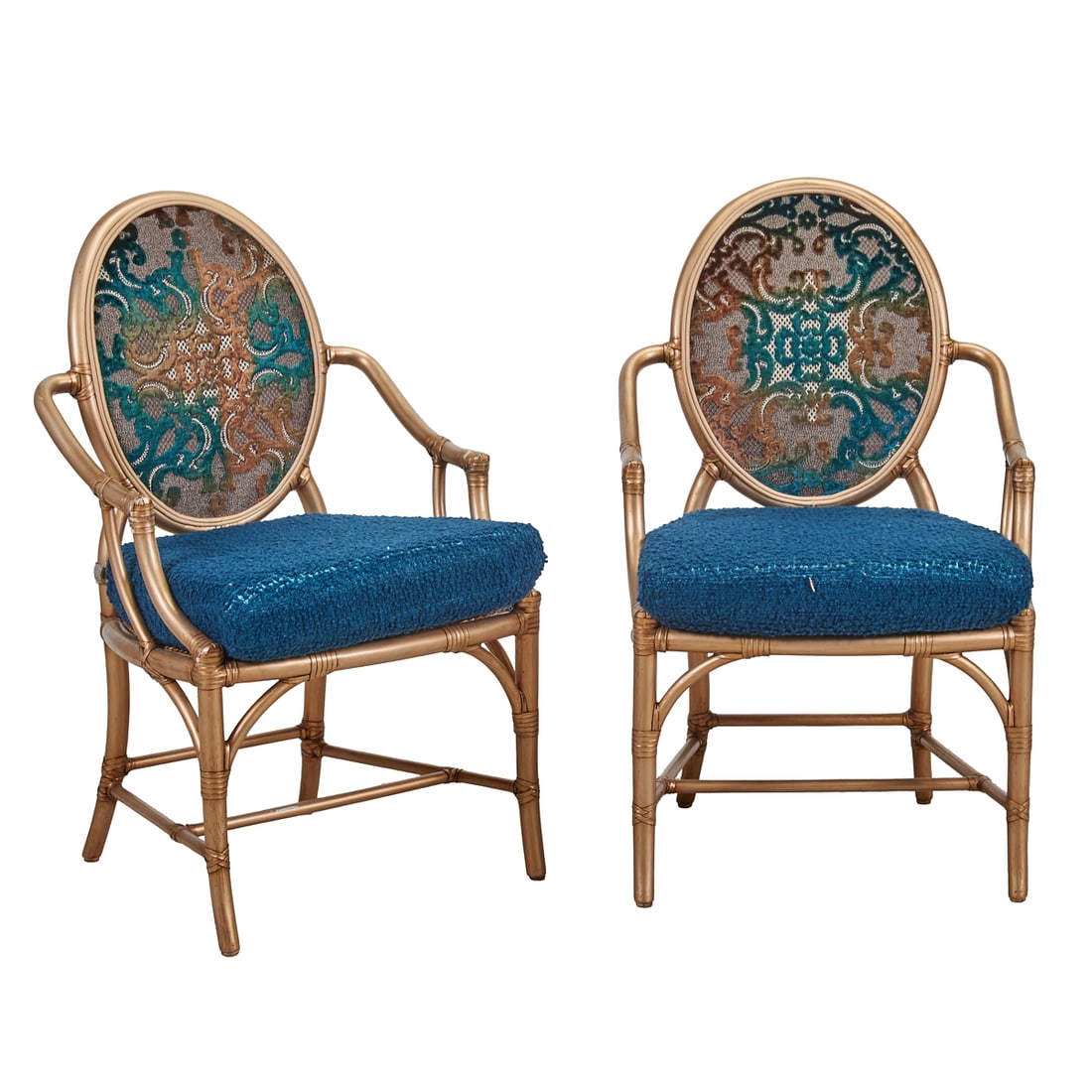 Set of Eight McGuire Gold Painted Armchairs: Set of Eight McGuire Gold Painted Armchairs. Gold painted bamboo frames, blue upholstered seats, the backs with voided foliate motif. Badges to the undersides. {Approximate dimensions: 37" 