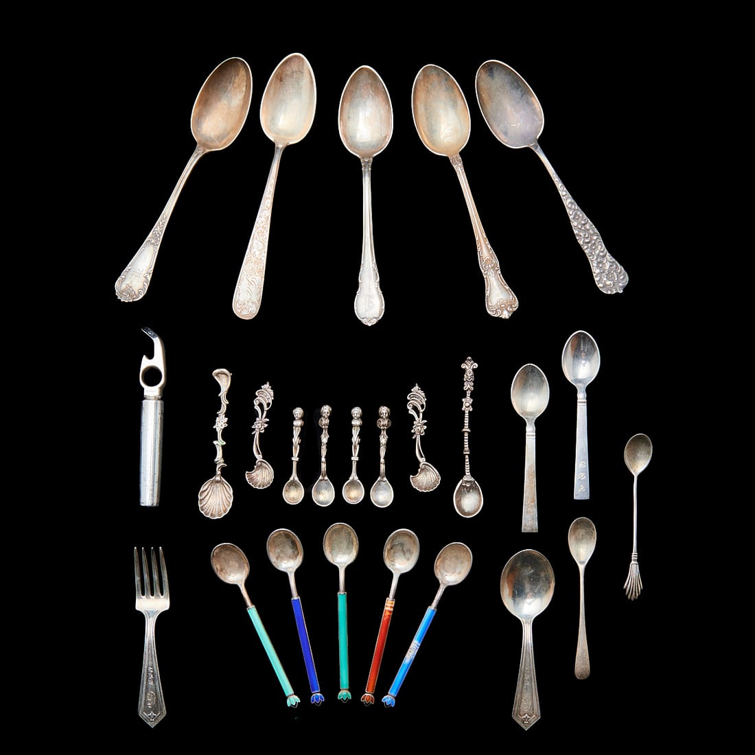 Collection of Sterling Silver Flatware: Collection of Sterling Silver Flatware. Comprising set of 12 Dominick & Haff monogrammed teaspoons, 5 David Anderson enameled salt spoons, 7 various teaspoons, 2 Georg Jensen salt spoons, 1 Alvin