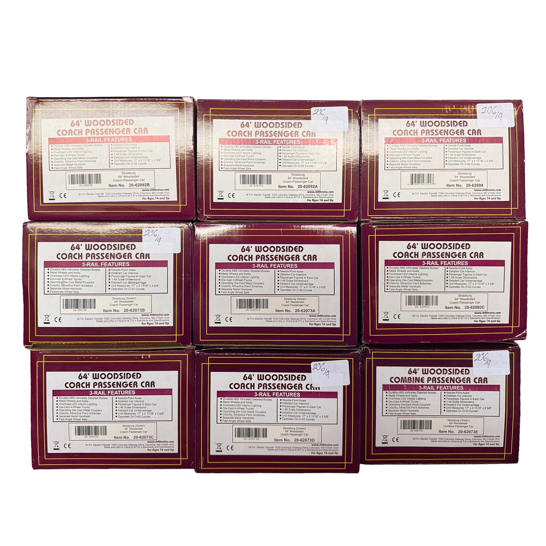 Nine MTH 64' Woodsided Coach Passenger Cars.: Nine MTH 64' Woodsided Coach Passenger Cars.