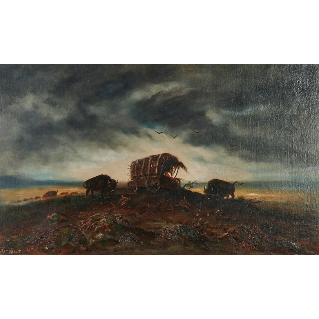 Leo West, Buffalo Stand Off, oil on canvas: LEO WEST (American, 20th Century), Buffalo Stand Off with Damaged Carriage, oil on canvas, (approximate dimensions - sight: 17 1/4 h x 29 1/4 w inches), signed lower left.