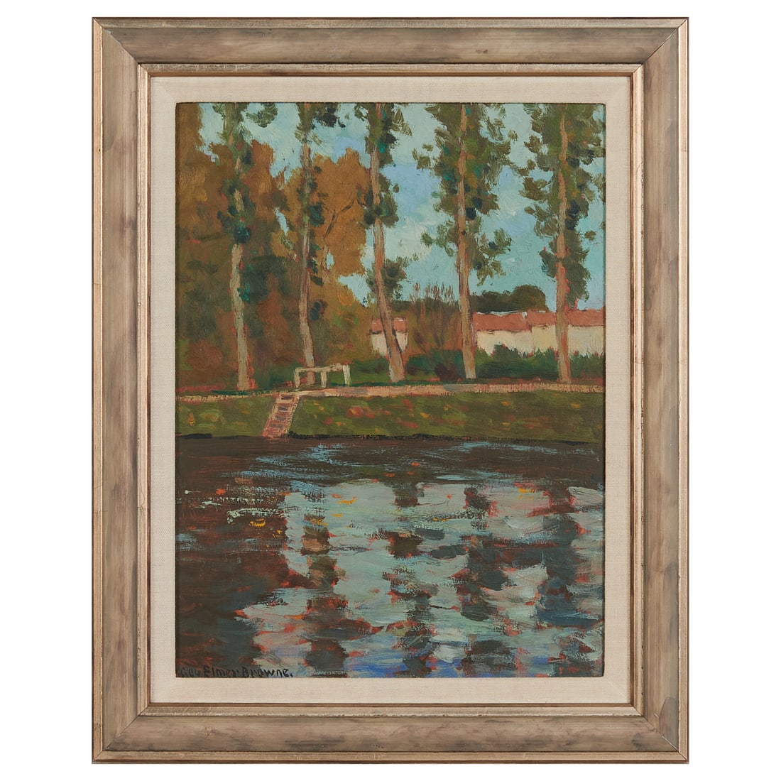 George Elmer Browne, River Scene, oil on board: GEORGE ELMER BROWNE (American, 1871-1946), River Scene, oil on board, (approximate dimensions - sight: 13 x 9 3/4 inches), signed lower left. Notes: Frame has minor wear, approximate dimensions - fram