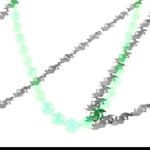 Art Deco Jadeite Jade Bead, Diamond, 18k White Gold Necklace: Art Deco Jadeite Jade Bead, Diamond, 18k White Gold Necklace. Comprised of sixty-one round jadeite jade beads ranging in size from approximately 9 mm to 3.9 mm, completed by a diamond, 18k white gold