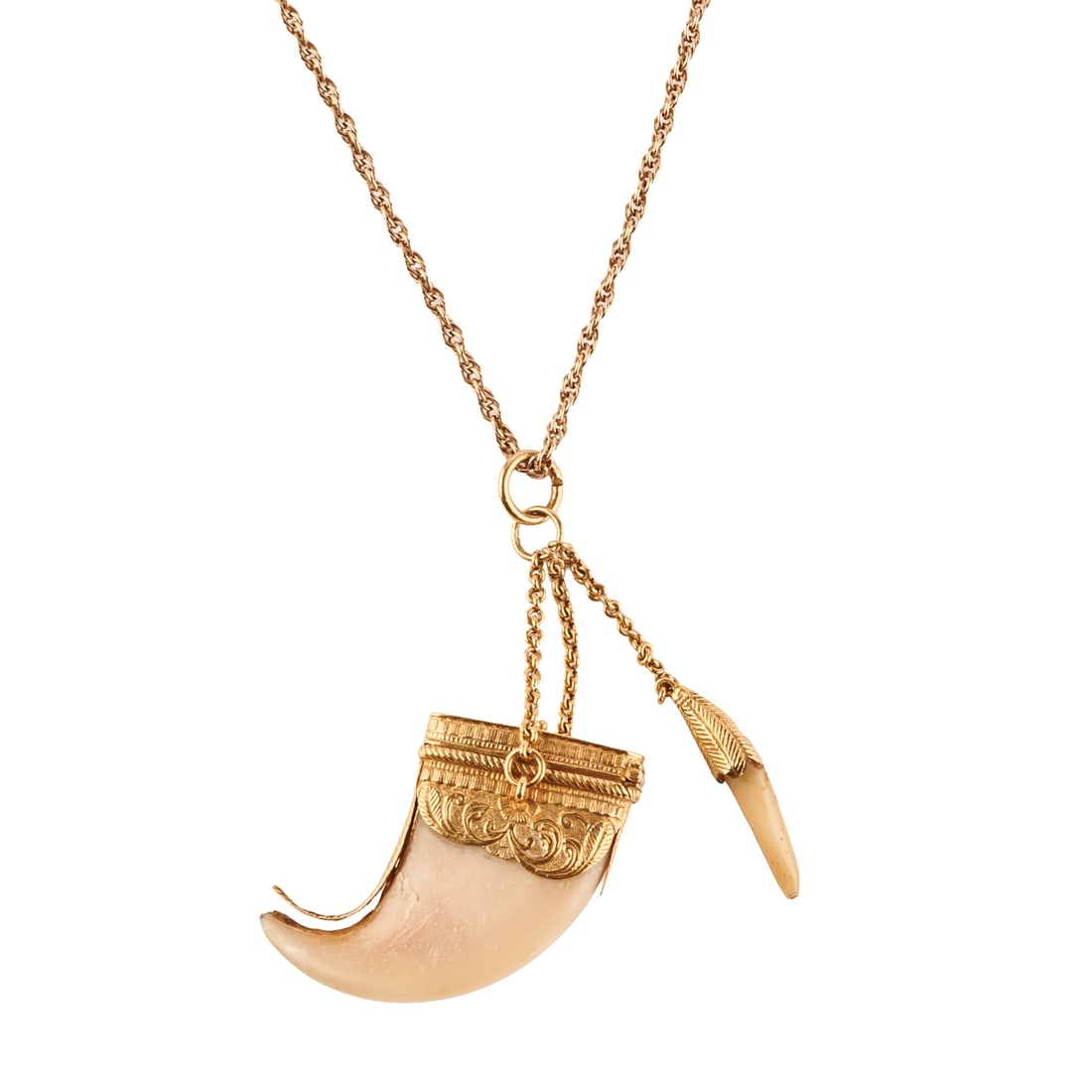 Claw, Tooth, Yellow Gold Pendant Necklace: Claw, Tooth, Yellow Gold Pendant Necklace. Featuring one claw, accented by a thin tooth, set in an 18k yellow gold Asian motif mounting, suspended from a 14k yellow gold chain, forming a 19 inch neckl