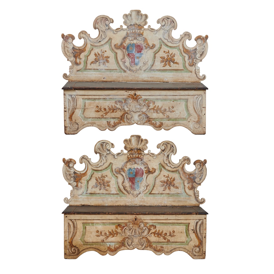 Pair of Italian Rococo Carved and Painted Cassapanca