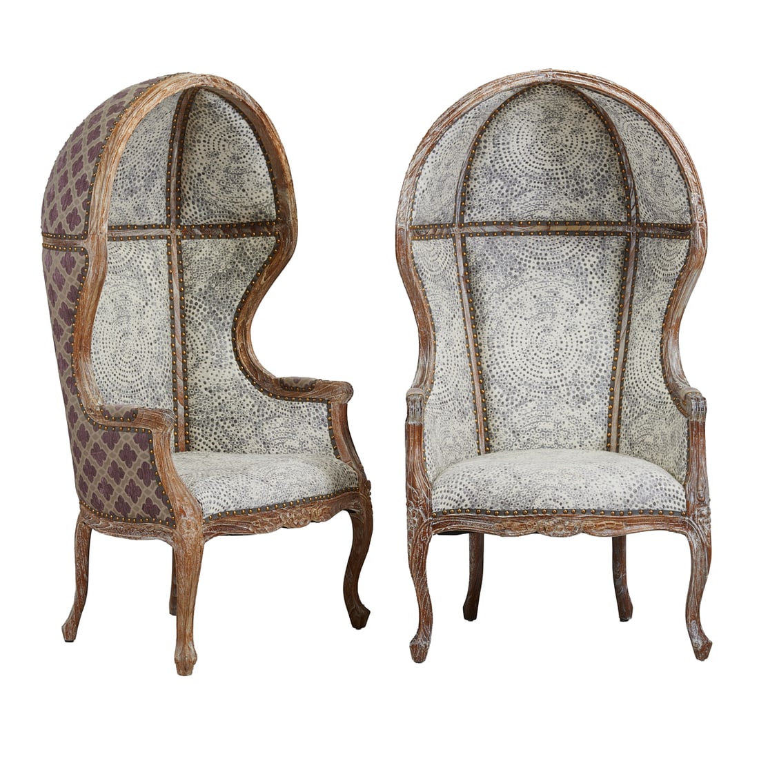 Pair of French Provincial Louis XV Style Canopy Chairs.: Pair of French Provincial Louis XV Style Canopy Chairs. ;Carved oak frames, gray on white circular dot pattern riveted;upholstery to interiors, the exteriors with quatrefoil pattern in purple and gray