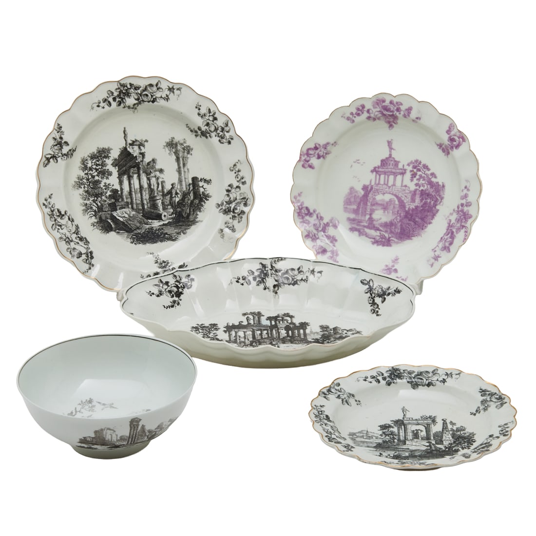 Five 18th Century Worcester Porcelain Transfer Printed Plates (1 of 6)