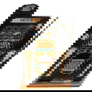 Mills Golden Nugget 25 Cent Slot Machine: Mills Golden Nugget 25 Cent Slot Machine. ;Black painted case on oak base, lettering to front reads "GOLDEN NUGGET GAMBLING HALL / THIS PAYS JACKPOT". ;Reverse with plaque from "AANCIENT SLOTS". ;{App