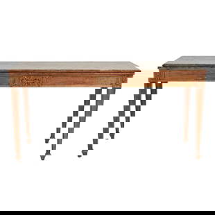 Empire Mahogany Marble Top Console Table: Empire Mahogany Marble Top Console Table. ;Inset beige marble top, on square taper legs on arrow feet, carved foliate accents and parcel gilt trim. {Approximate dimensions: ;33 3/4high x 69wide x 28 1