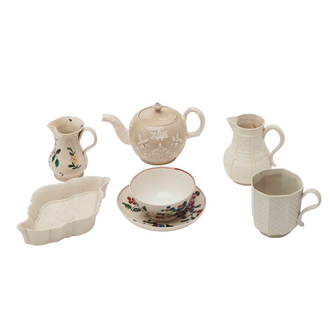 Seven English Saltglaze Stoneware Teawares including Miniatures (1 of 4)