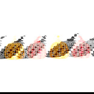Four Yayoi Kusama Ceramic Pumpkins: Four Yayoi Kusama Ceramic Pumpkins. ;Yayoi Kusama (Japanese, b. 1929); comprising two yellow and black examples, two red and white examples; all with original boxes. {Approximate dimensions:; Pumpkins