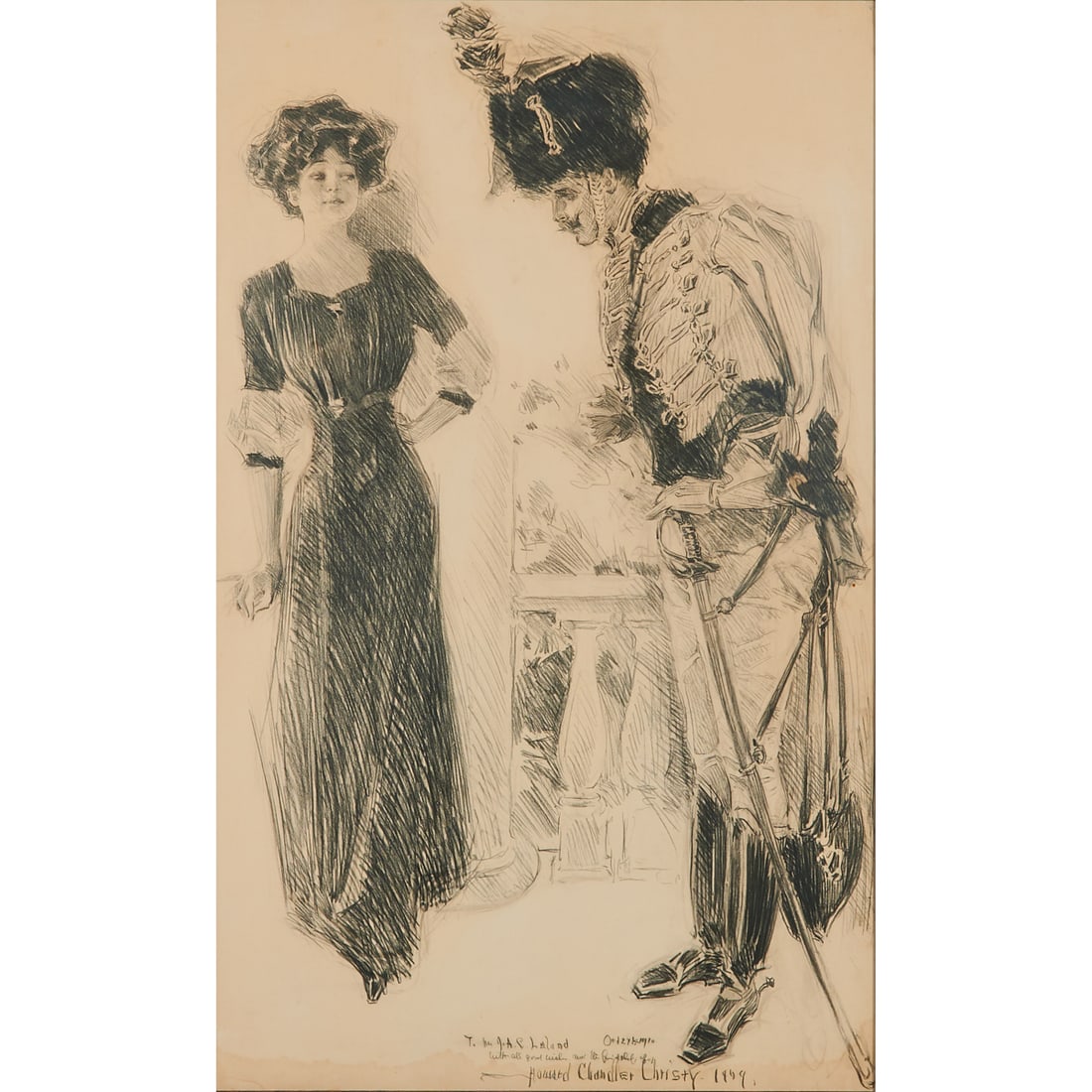 Howard Chandler Christy, charcoal on paper: HOWARD CHANDLER CHRISTY (American, 1872-1952), Woman and Guard, 1909, charcoal on paper, [approximate dimensions - sight: 38-3/4 h x 23-1/2 w inches], inscriptions, signed, and dated lower right.