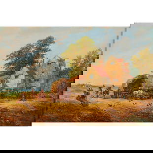 John Holland, Two Oils on Canvas: John Holland (British, 1857 - 1920), two oils on canvas, including (i) Figures By An Inn and (ii);Figures By An Inn with a Covered Cart, [approximate dimensions - sight: 13 1/2 h;x 20 1/2 w inches], b