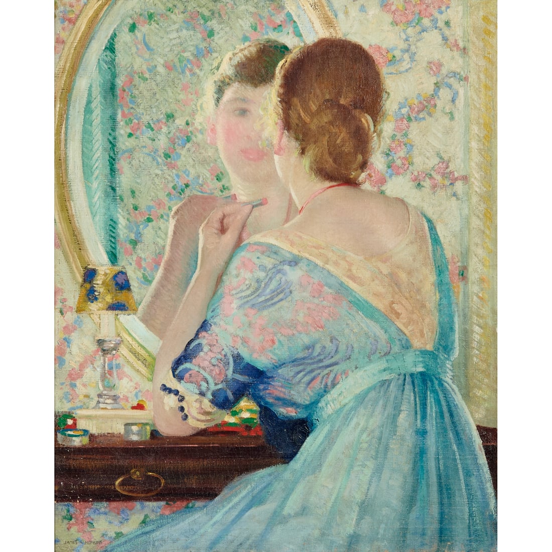 James Roy Hopkins, Woman at Vanity, oil on canvas: JAMES ROY HOPKINS (American, 1877-1969), Woman at Vanity, oil on canvas, [approximate dimensions - canvas: 32;h x 26 w inches],;signed lower left.