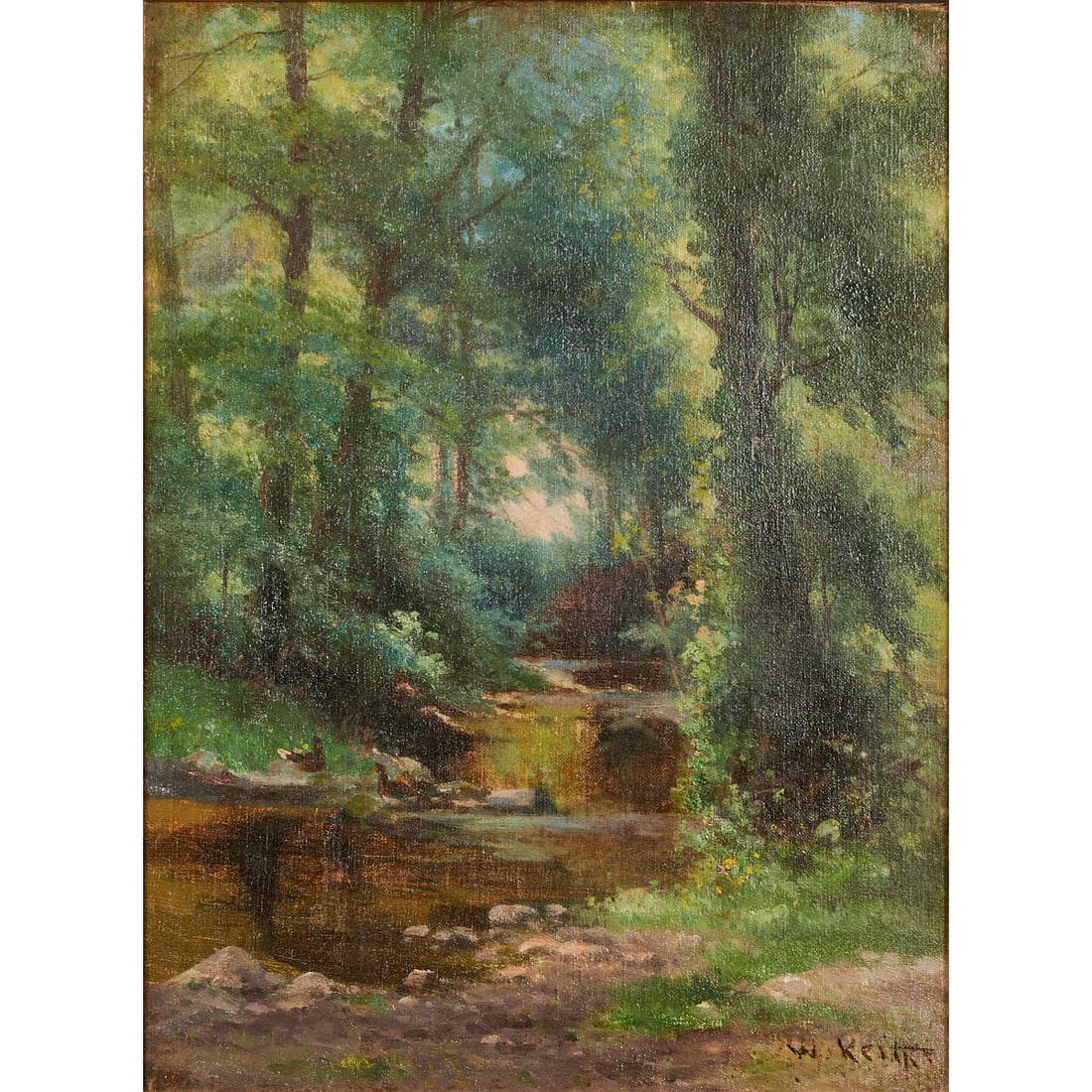 William Keith, Landscape, oil on canvas: WILLIAM KEITH (American, 1838-1911), Landscape with Stream and Ducks, oil on canvas, [approximate dimensions - sight: 19-3/4 h x 14-5/8 w inches, canvas: 20-1/8 h x 15 w inches], signed lower right.