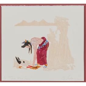 Framed Embossed Print with Watercolor, Three Wide Men