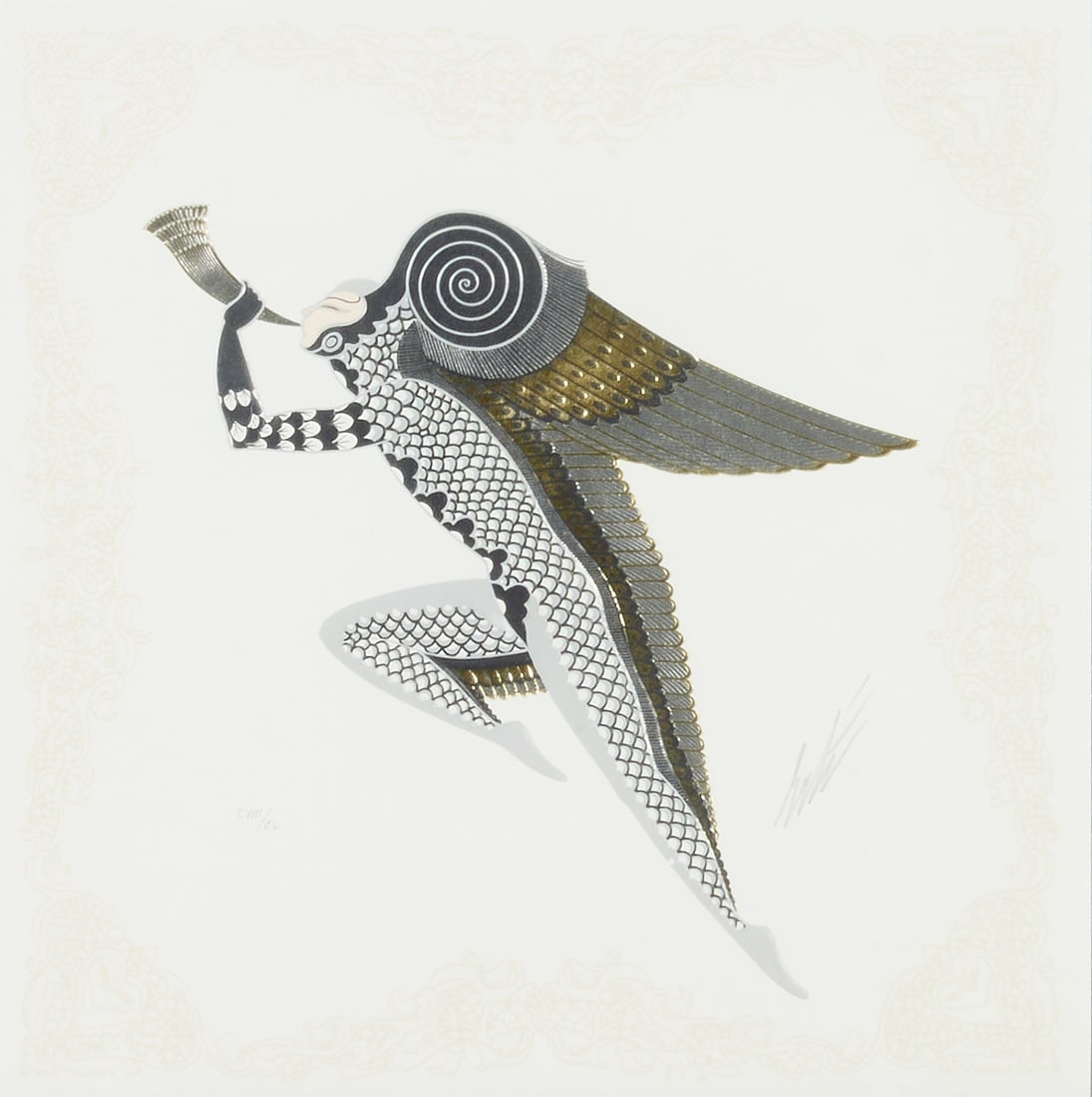 Erte, Zephyr I, serigraph: ROMAIN (Erte) DE TIRTOFF (Russian/French, 1892-1990), Zephyr I in gold, serigraph, [approximate dimensions - sight: 12 1/2 h x 12 1/2 w inches], numbered; CVIII/CL and signed.