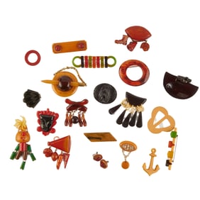 Collection of Miscellaneous Bakelite Jewelry, Mostly Brooches