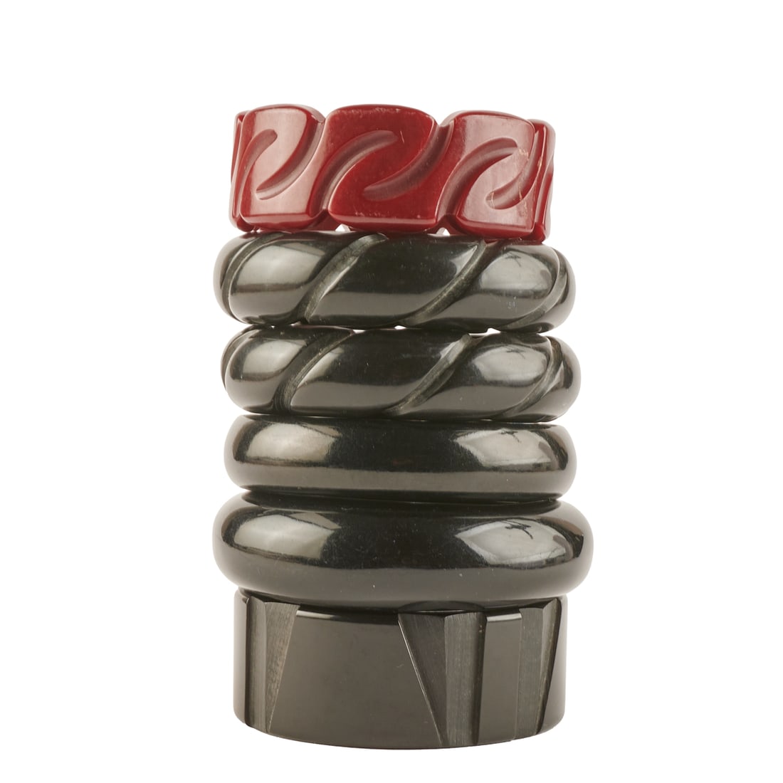Collection of Six Carved Bakelite Bracelets: Collection of Six Carved Bakelite Bracelets. Including five black and one deep wine red. Please note: Lots 3329 through 3377 are from a single private collection. Some lots may contain resin or other