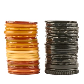 Collection of Black, Bone, Butterscotch and Brown Bakelite Bracelets