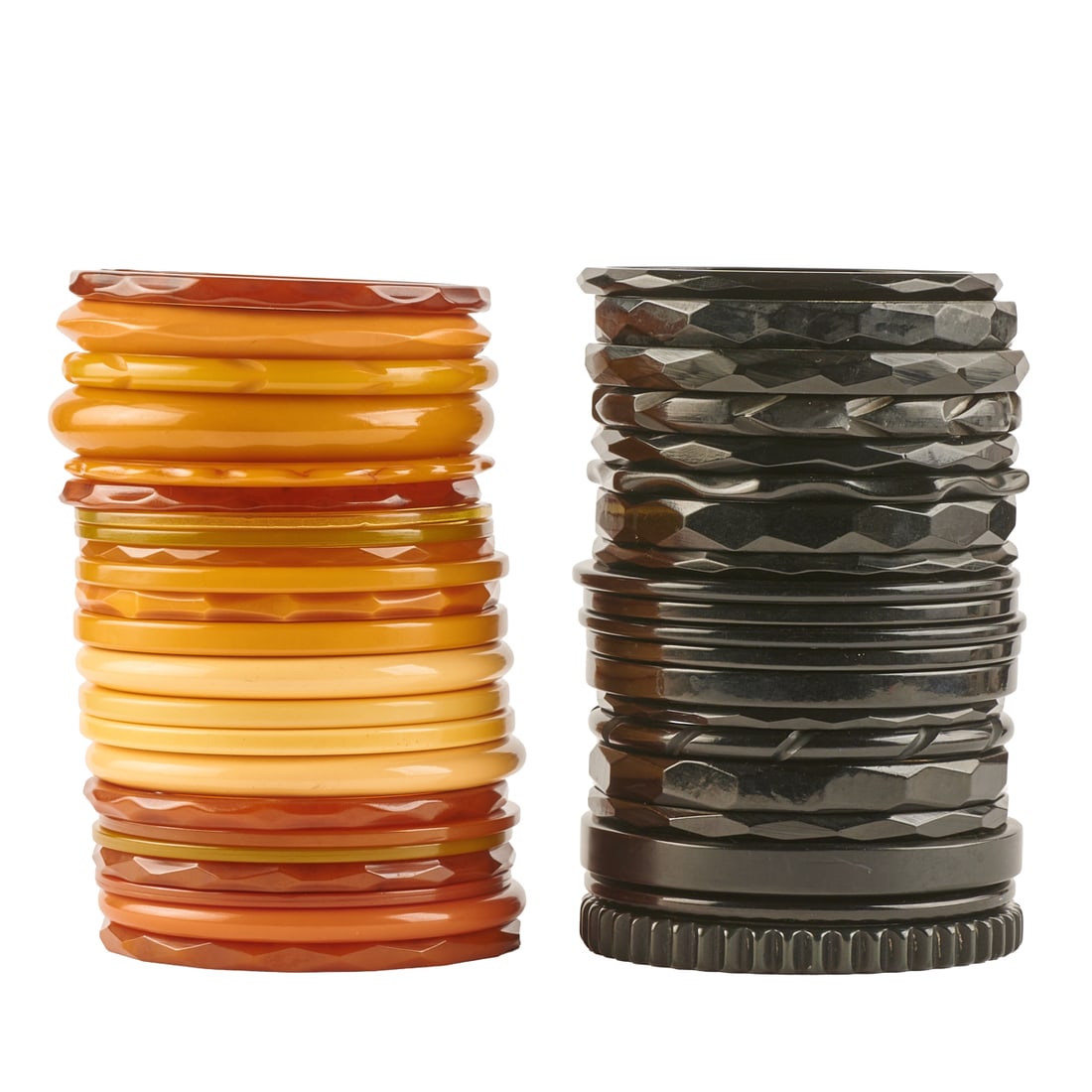 Collection of Black, Bone, Butterscotch and Brown Bakelite Bracelets: Collection of Black, Bone, Butterscotch and Brown Bakelite Bracelets. With various patterns including faceted. Please note: Lots 3329 through 3377 are from a single private collection. Some lots may c