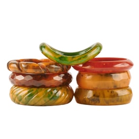 Collection of Seven Marbleized Bakelite Bracelets