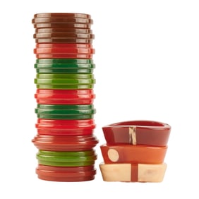 Collection of Carved Bakelite Bracelets Including Three Monet