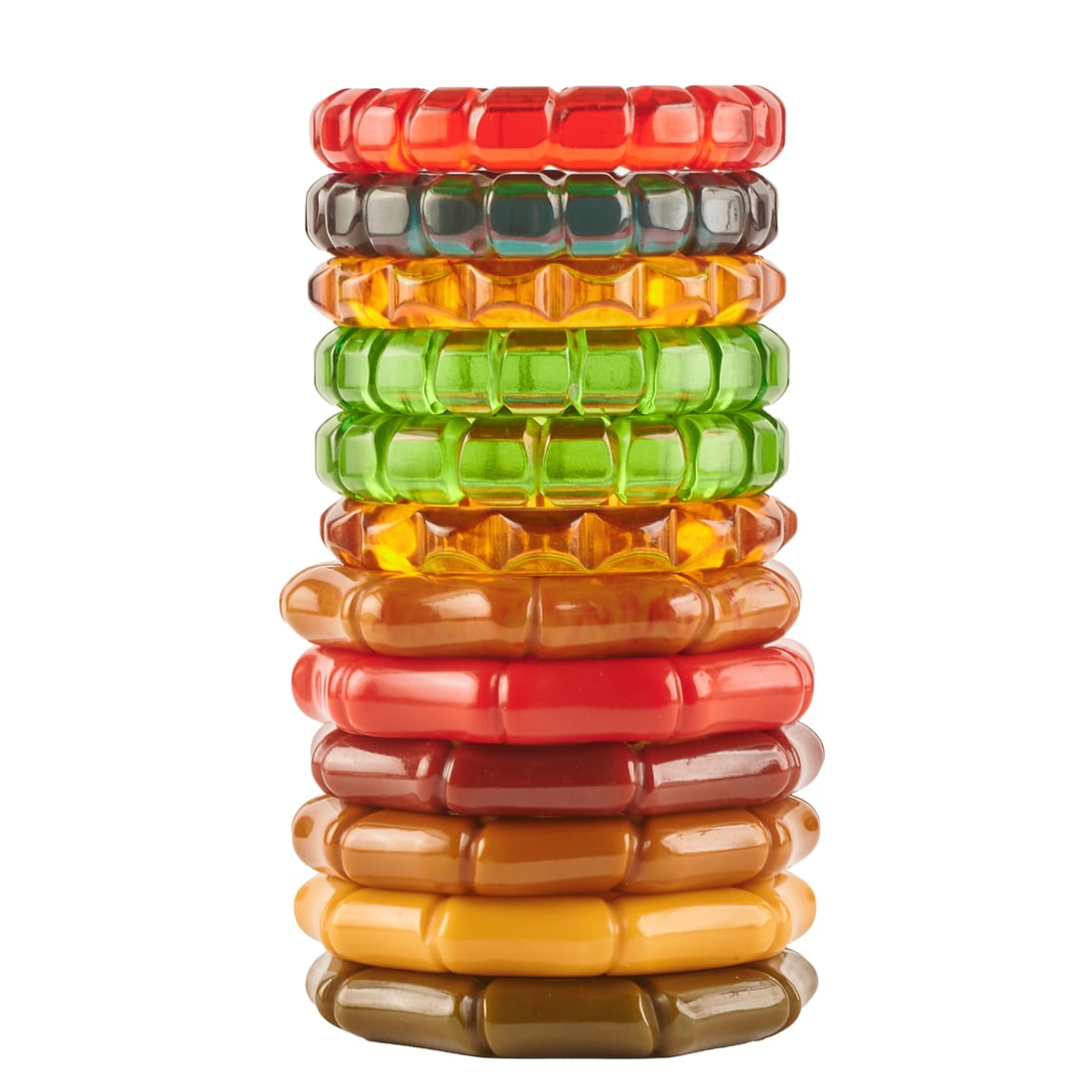 Collection of Twelve Carved Multicolored Bakelite Bracelets (1 of 2)