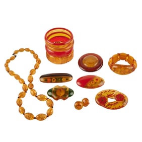 Collection of Reverse Carved Apple Juice and Red Bakelite Jewelry Items