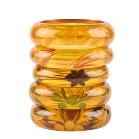 Collection of Five Reverse Carved and Painted Apple Juice Bakelite Bracelets