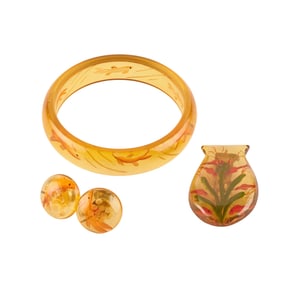 Reverse Carved and Painted Fish Bakelite Jewelry Suite