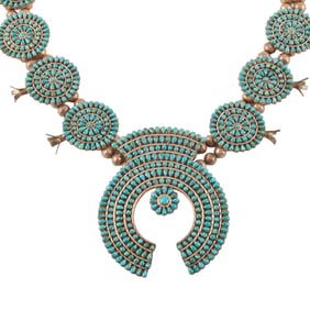 Native American Turquoise, Silver Squash Blossom Necklace